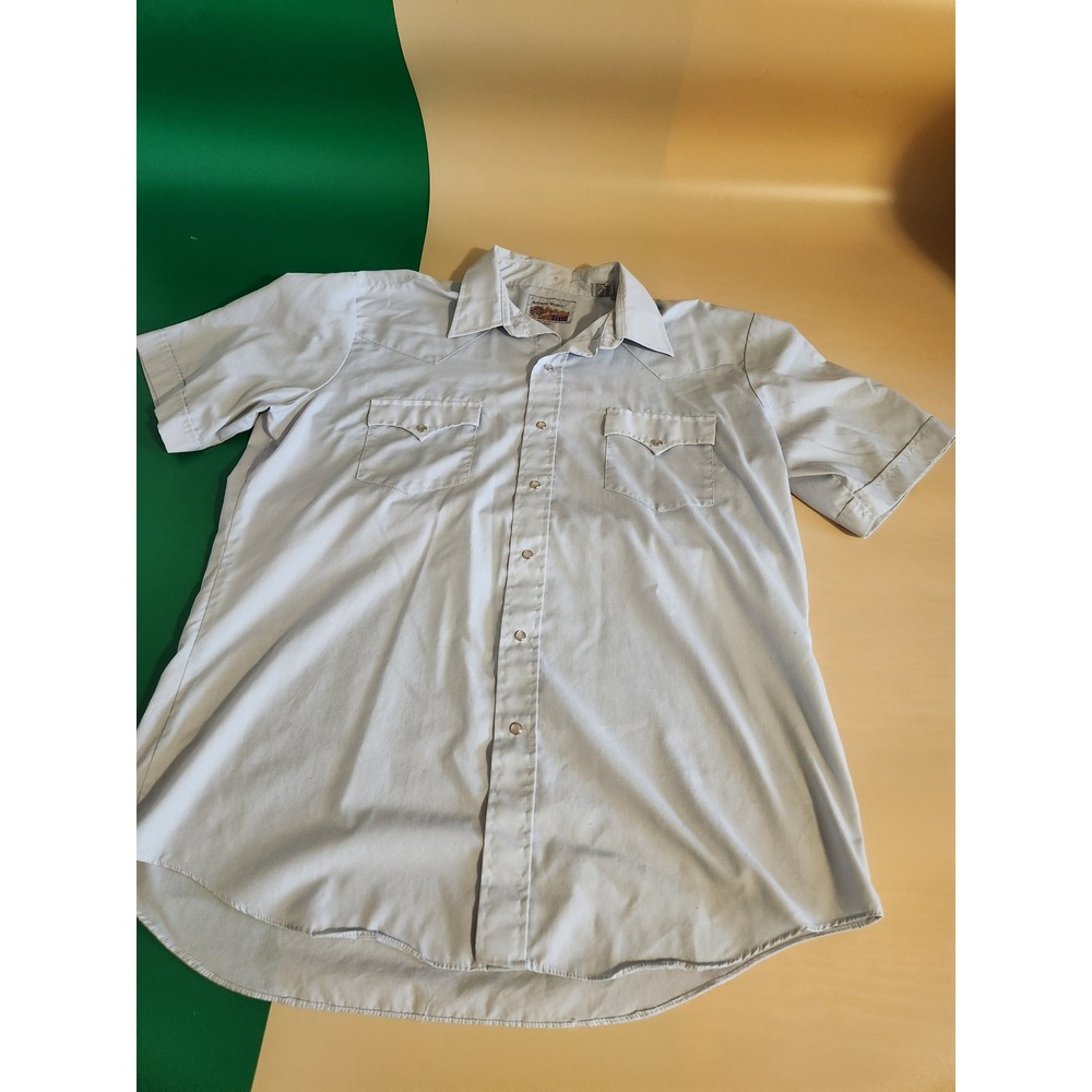 Authentic Western ATB Pearl Snap Shirt Mens 17 Light Blue Short Sleeve Vintage